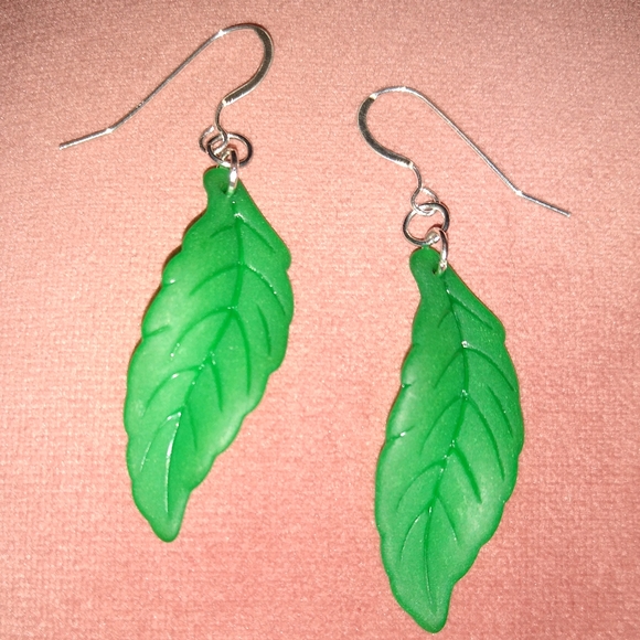 Solid 925 REAL Sterling Silver Ear Wires Green Leaves Long Leaf Earrings New - Picture 3 of 6